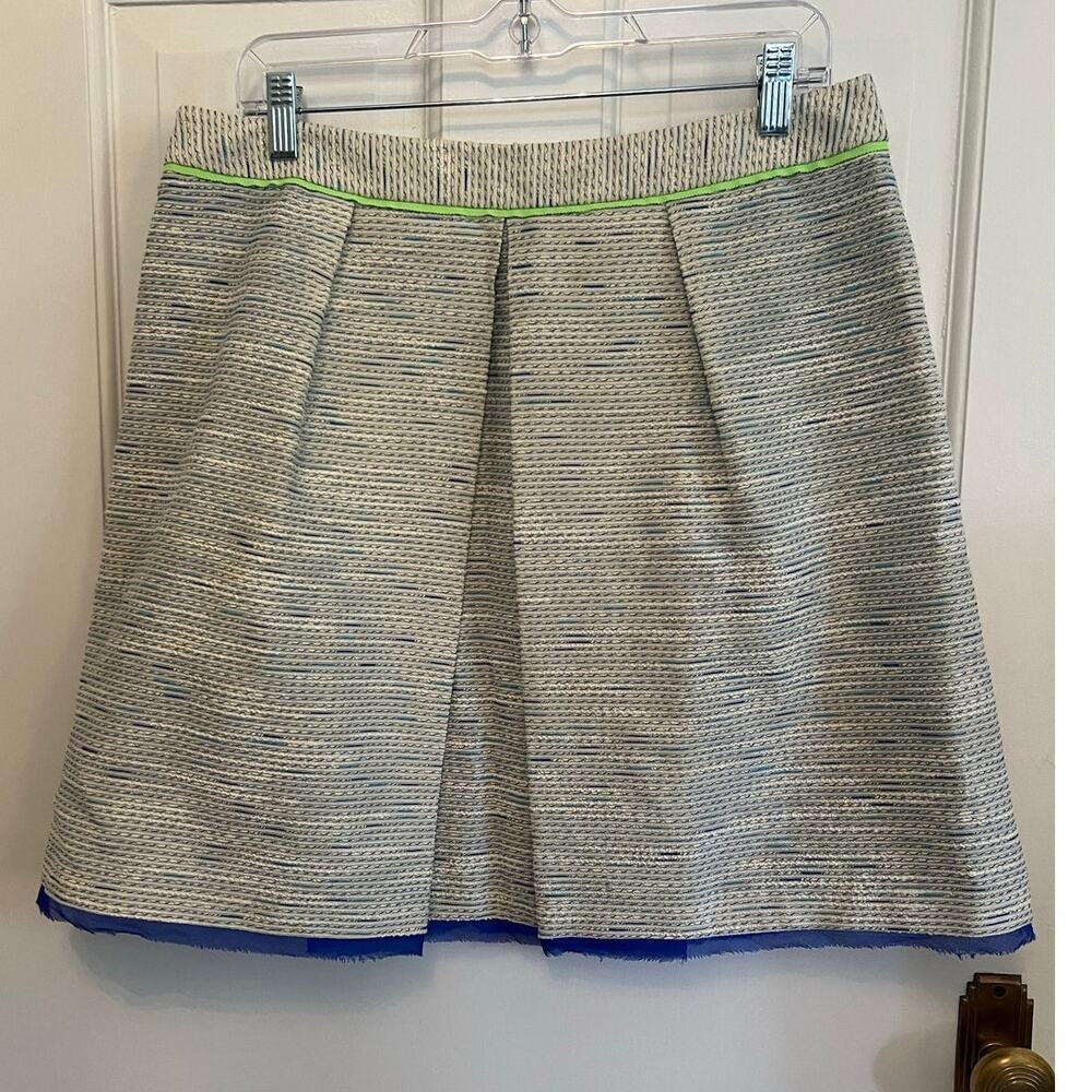 Elie Tahari Maria Skirt A Line Blue Opal Green Stripe Cotton Silk Women's 12
